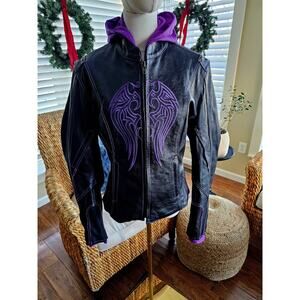 Women's Black Leather Jacket with Purple Accents